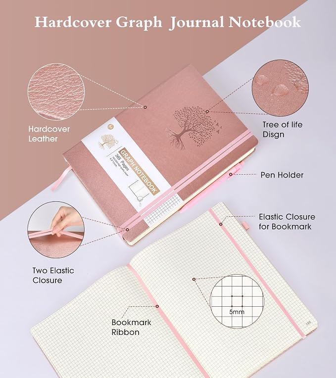 Ansopu Graph Paper Notebook Journal, 360 Numbered Pages Grid Notebooks 8.5 x 11, Thick 100gsm Paper Graphing Journals for Women Men, A4 Large Hardcover Graph Leather Journals for Writing Pink