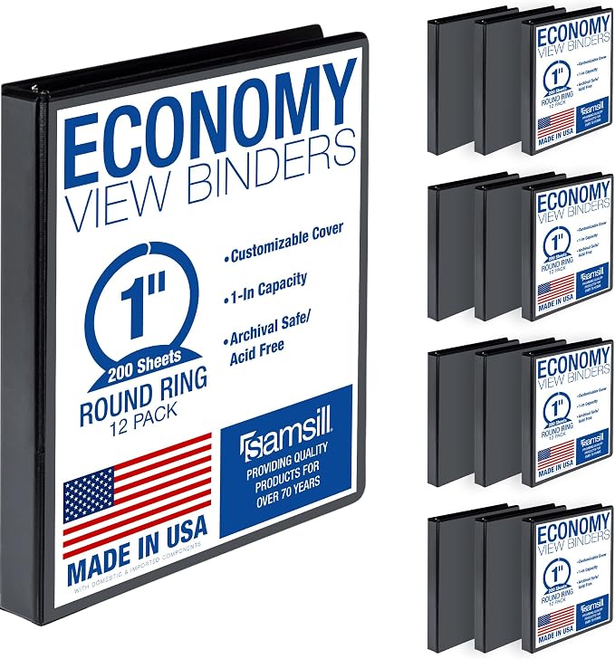 Samsill 1 Inch 3 Ring Binders, Economy Round Ring, Clear View Cover, 200 Sheet Capacity - for School, Home, Office - Black, 12 Pack