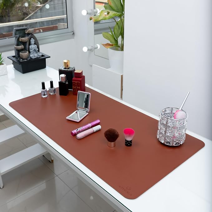 Desk Mat -Computer Desk mat with Non Slip Suede Bottom with Stitched Edges- Waterproof - Leather Desk pad PU Desk Cover for Home, Mouse, Makeup Mat for Vanity (Brown, 31.5 x 15.7)