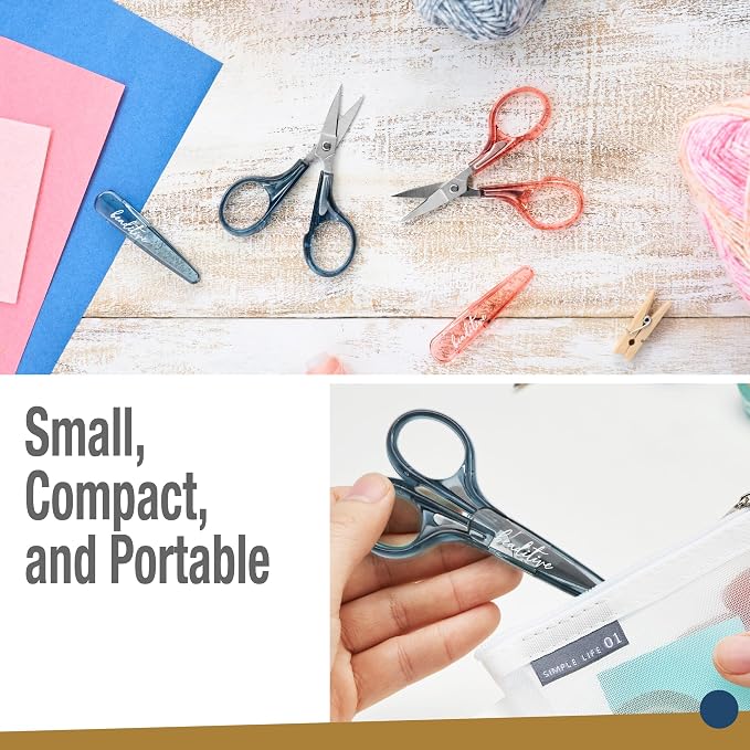 Beaditive Detail Craft Scissors Set (2 pcs) Curved and Straight, Sharp, Compact | Sewing, Embroidery, Paper Cutting, Crafting | Stainless Steel | Protective Cover (Blue&Pink)