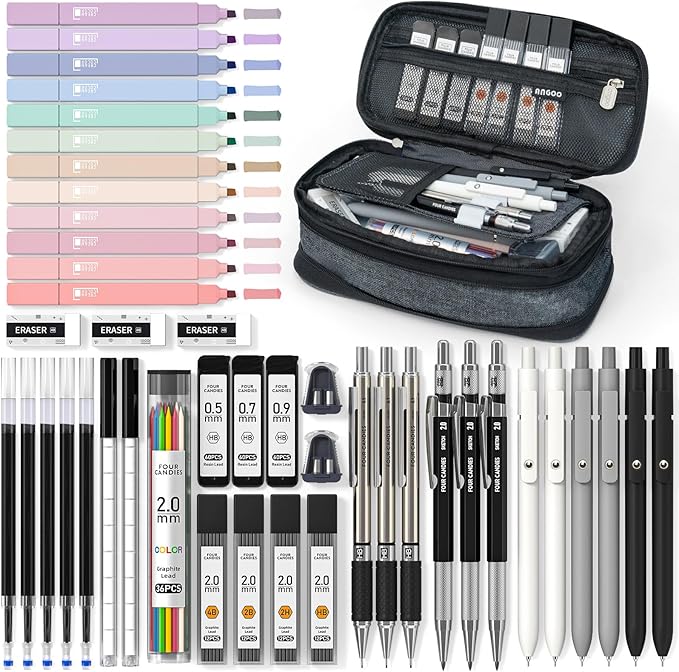 Four Candies School Supplies with Pen Case, 45ct Black | Back to School Stationery Set, Essentials for College & Nursing Students, 6 Gel Pens, 6 Mechanical Pencils, 12 Highlighters