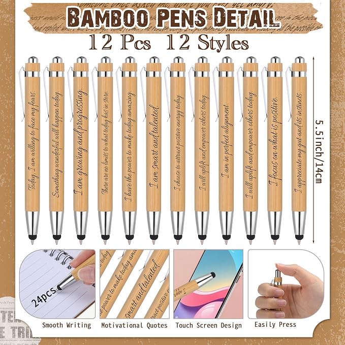 Pasimy 24 Pcs/12 Set Bulk Positive Affirmation Spiral Notebooks with Bamboo Pen Daily Affirmation Gift Set Motivational Encouragement Notepad Small Journals 5.5 x 3.9 Inch for Women Self Care