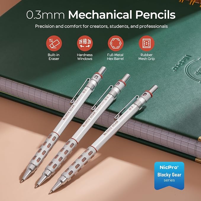 Nicpro 3 Pack Blocky Gear 0.3 mm Metal Mechanical Pencils Set with Case | Lead Drafting Pencil with 8 Tube (480PCS) Lead Refills, 4 Erasers, 18 Eraser Refills for Art Writing, Sketching Drawing