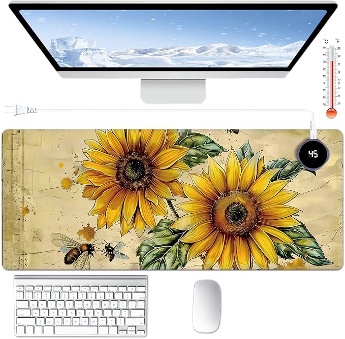 Heated Desk Pad Large Mouse Pad 31.5 x 13 inch with 3 Levels Heating & Auto Shut-Off Warm Mouse pad PU Leather Computer Mousepad for Home Office Work - Cute Bee Sunflower