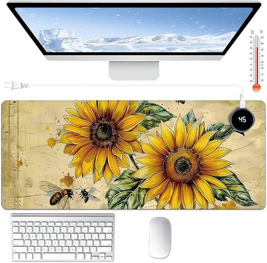 Heated Desk Pad Large Mouse Pad 31.5 x 13 inch with 3 Levels Heating & Auto Shut-Off Warm Mouse pad PU Leather Computer Mousepad for Home Office Work - Cute Bee Sunflower