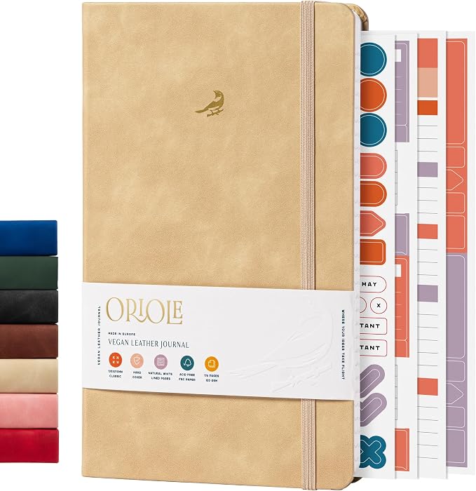 Oriole Vegan Leather Ruled Notebook - Walnut Cream | 176 Pages of Thick Lined Paper | Soft Touch Hardcover Journal (5 x 8 in) with Gold Foil Bird Design & Luxury Gift Box