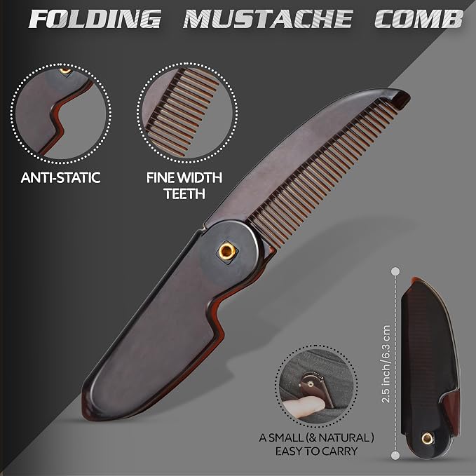 5'' German Beard Mustache Scissor- 2 Mustache Combs for Facial Hair with Beautiful Pouch -Beard Trimming Scissors for Grooming, Cutting, and Styling of Mustache (Black with Folding Comb)
