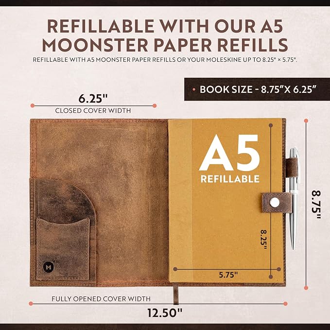 moonster Refillable Leather Journal Lined Notebook - Embossed Tree of Life, Handmade Genuine Leather Notebook for Men & Women with Pen Holder – Includes Premium-Milled A5 Lined Paper & Luxury Pen