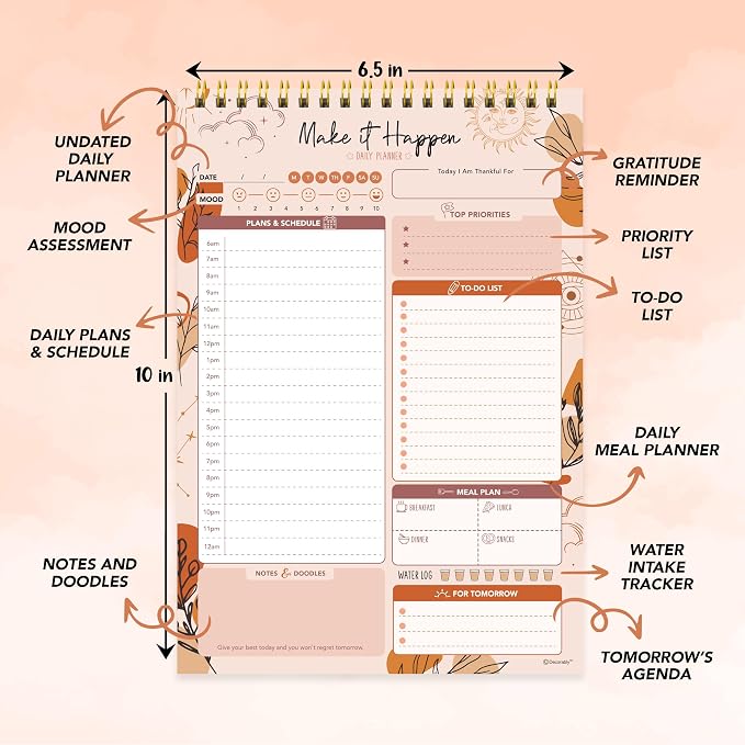 Decorably 52 Sheets Boho Celestial Undated Daily to Do List Notepad, 6.5x10" Spring-Bound Planner, Easy Tear-Off, for Schedule, Priorities, Agenda, Water Intake, Meals, Notes & Doodles, Home, Office
