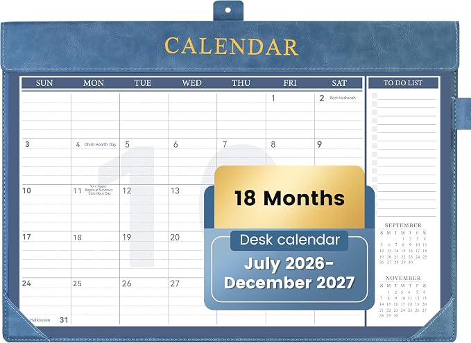 Yoment Desk Calendar 2026-2027 with Desktop Mat, Large Desk Pad Calendar from Now to December 2027, 18 Months Leather Desktop Wall Calendar with Plastic Cover for Home Office School,17x 12,Blue
