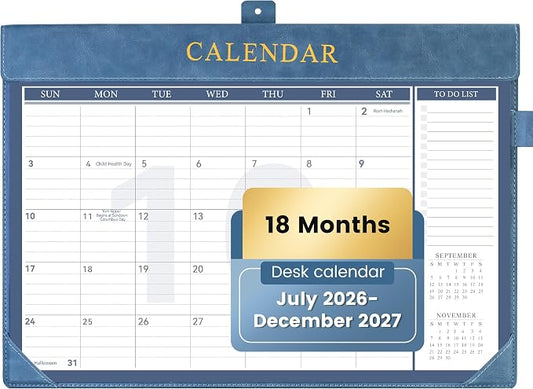 Yoment Desk Calendar 2026-2027 with Desktop Mat, Large Desk Pad Calendar from Now to December 2027, 18 Months Leather Desktop Wall Calendar with Plastic Cover for Home Office School,17x 12,Blue