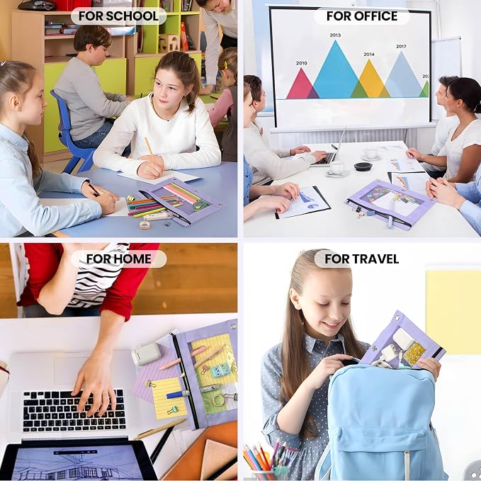 Lanpn Pencil Pouch for 3 Ring Binder 6 Pack, Purple Binder Pen Bags with Zipper, Cute 3 Holes Pencil Pouches Organizer for Boy Girl Kids School Student, Reinforced Grommets & Clear Window