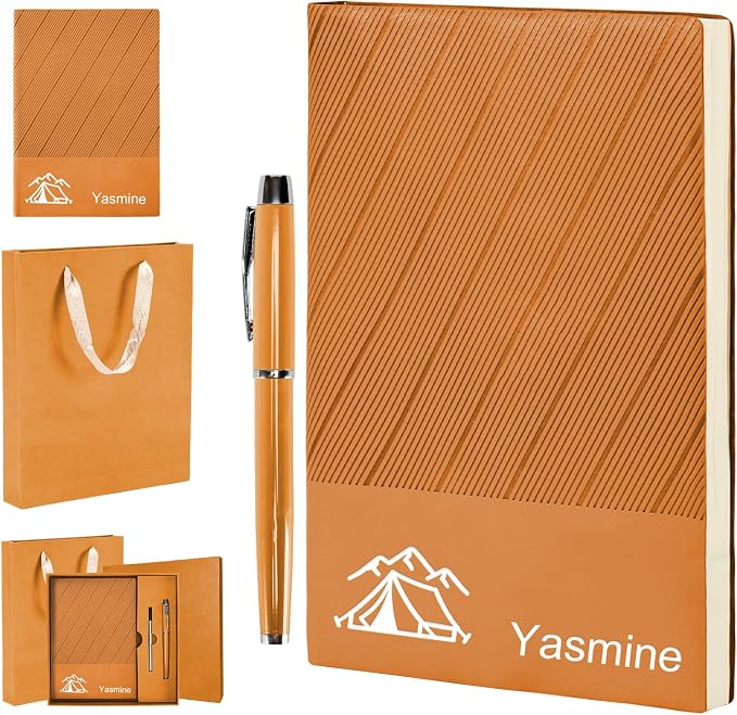 ENOMY Personalized Notebook Set with Pen & Gift Box A5 Leather Custom Notebook 200 Pages Lined Journal for Work,Business,College,Travel,Birthday,Valentine's Day Gift, Orange