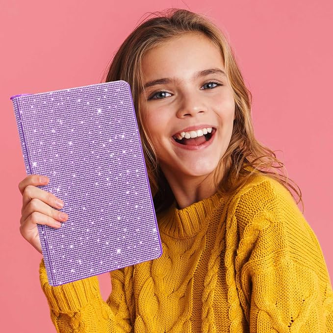 Rhinestone Pen & Glitter Notebook Set, Hard Cover Bling Diary Journal for Girls, Cute School Supplies for Back to School, Sparkly Desk Accessories Gift for Women(Rhinestone,A5,Purple)