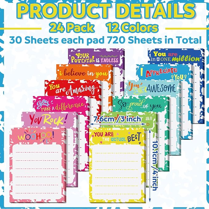 Yinder 24 Pcs Inspirational Sticky Notes, Back to School Supplies, Cute Motivational Sticky Notes Pad Employee Appreciation Gifts Bulk for Teacher Coworker Office 3 x 3'' (Thankful,Classic)