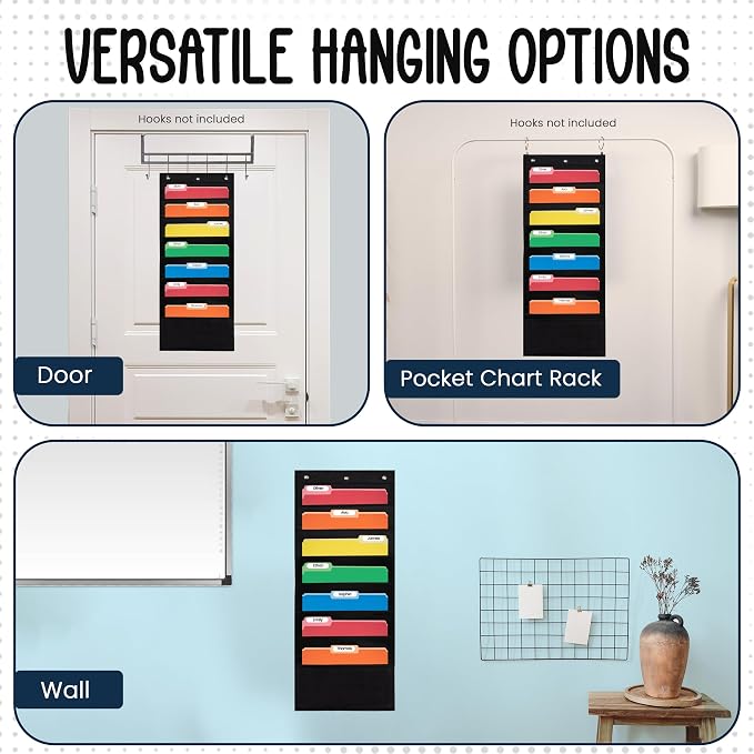 Essex Wares - 7 Pocket File Pocket Chart, Black, Tall - Versatile Wall Hanging File Folder Organizer for Classroom, Office, Home, and More - Wall Folder Organizer - 7 Pockets