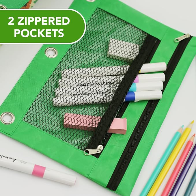 Pencil Pouch for 3 Ring Binder, Heavy Duty Canvas Dual Zipper Pen Bag with Clear Window, Smooth Metal Zipper, Fit Standard 3-Ring Binders for School Office Travel Supplies (Green)