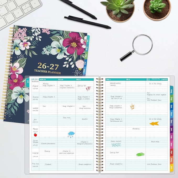 GoiUnlt Teacher Planner 2026-2027, JUL. 2026 – JUN. 2027, Lesson Planner 2026-2027 Academic Year, with Tabs, Thick Paper, 2-Sided Pocket, 8.6″ x 11″ Daily Weekly and Monthly Calendar with 8 Periods