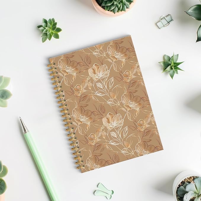 Boho Abstract Floral Spiral Notebook, Gold Brown Luxury Botanical Journal, Neoclassical Modern Hand-drawn Flower Hardcover Notebook Journal, 5.5x8.3 Inch