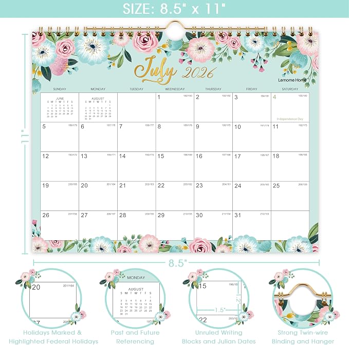 Calendar 2026-2027 - Wall Calendar 2026-2027, 11" x 8.5", JUL.2026 -DEC.2027, 18 Monthly Wall Planner Large, Hanging Hook, Wall Calendar With Twin-Wire Binding