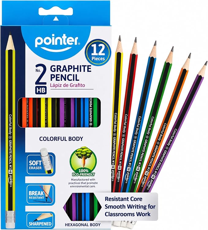 Pointer Wooden Pencils Pre-Sharpened HB Graphite Colorful Assorted Bodies, Hexagonal Grip for Comfortable Use with Soft Erasers Strong Break-Resistant Core Smooth Writing for Classrooms Work - 12Pcs