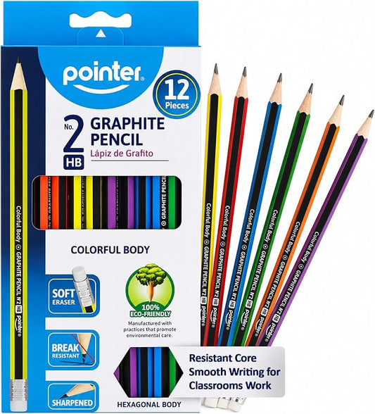 Pointer Wooden Pencils Pre-Sharpened HB Graphite Colorful Assorted Bodies, Hexagonal Grip for Comfortable Use with Soft Erasers Strong Break-Resistant Core Smooth Writing for Classrooms Work - 12Pcs