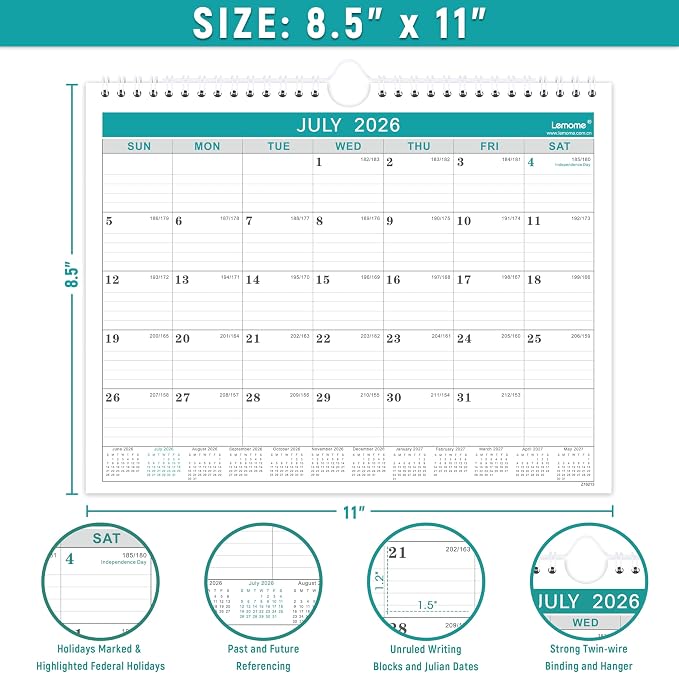 Wall Calendar 2026-2027, 8.5" x 11", Jul 2026 to December 2026, 18 Months with Twin-Wire Bound, Writing Blocks