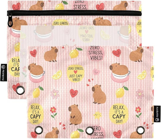Emelivor Cute Capybara Stirpe Pencil Pouch for 3 Ring Binder 2 Pcs Binder Pouches with Zipper Pocket Pencil Case Bag with Clear Window for Office Work College Home Supplies