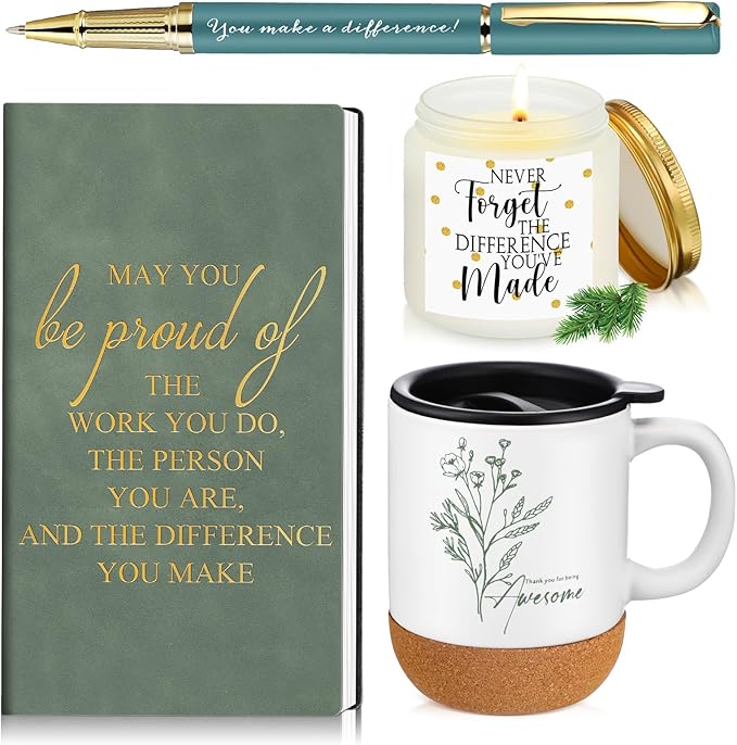 Sayglossy 4 Pcs Thank You Gift Set for Women Men Back to School Teacher Appreciation Gift Leather Notebook Inspirational Coffee Mug Scented Candle Ballpoint Pen for Employee Coworker Nurse Boss, Green