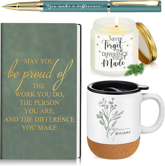 Sayglossy 4 Pcs Thank You Gift Set for Women Men Back to School Teacher Appreciation Gift Leather Notebook Inspirational Coffee Mug Scented Candle Ballpoint Pen for Employee Coworker Nurse Boss, Green