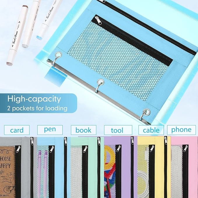 Leelosp 48 Pack Pencil Pouch for 3 Ring Binder Mesh Zipper Pencil Case Bags Binder Pouches Bulk for School Writing Utensils Storage Supplies (Cute Color)