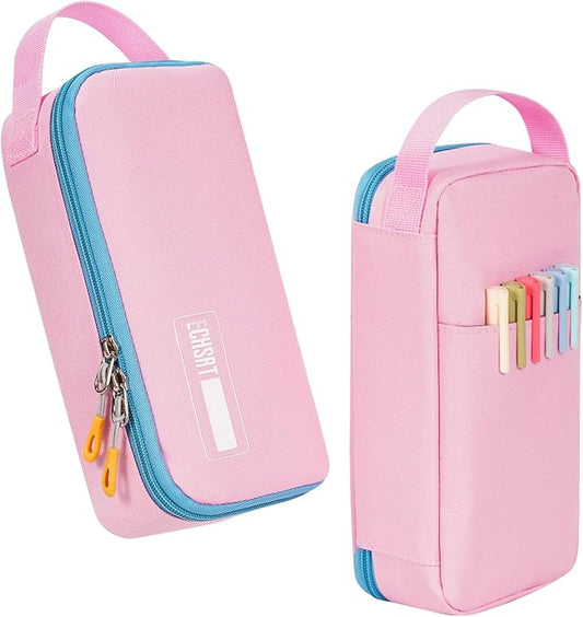 ECHSRT Large Capacity Pencil Case with Hidden Pocket, 1200D Oxford Fabric Zipper Pencil Pouch with Handle, Multi-Pocket Stationery Organizer for Office, College, Travel and Daily Carry, Pink