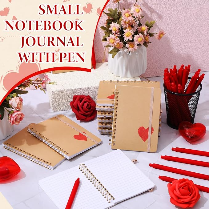 Fulmoon 24 Set Red Heart A6 Spiral Notebook with Ballpoint Pens 50 Sheets, 4"x 6" Small College Ruled Notepads Heart Journaling Notebooks Bulk Team Gifts for Women Back to School Supplies