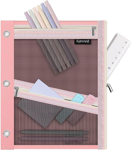 KONVINIT Pencil Pouch for 3 Ring Binder, Pink Zipper Binder Pencil Pouch | Zipper Pencil Pouches, Durable Cloth Pencil Case With 3 Pockets, Mesh Window Pencil Bag With Supplies, Cables, Makeup
