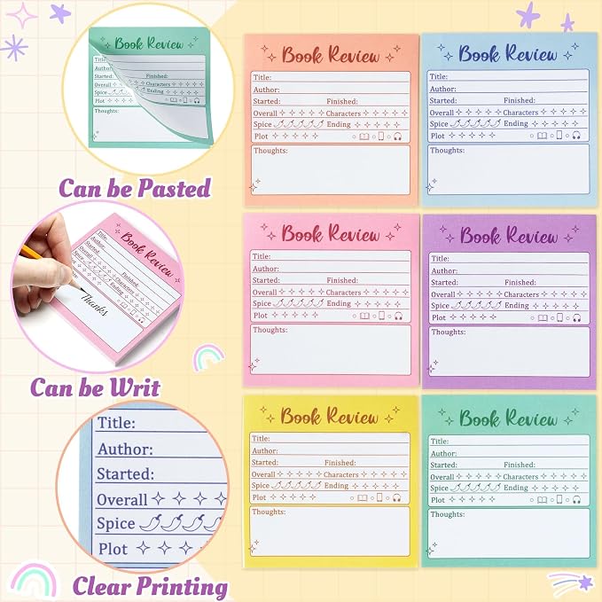 L1rabe Book Review Mini Sticky Notes - 6PCS Colorful Self-Stick Note Pads | Back to School Book Rating Stickers for Students, 300 Sheets Reading Tracker Log Stickers, Readers Lovers Bookworm Supplies