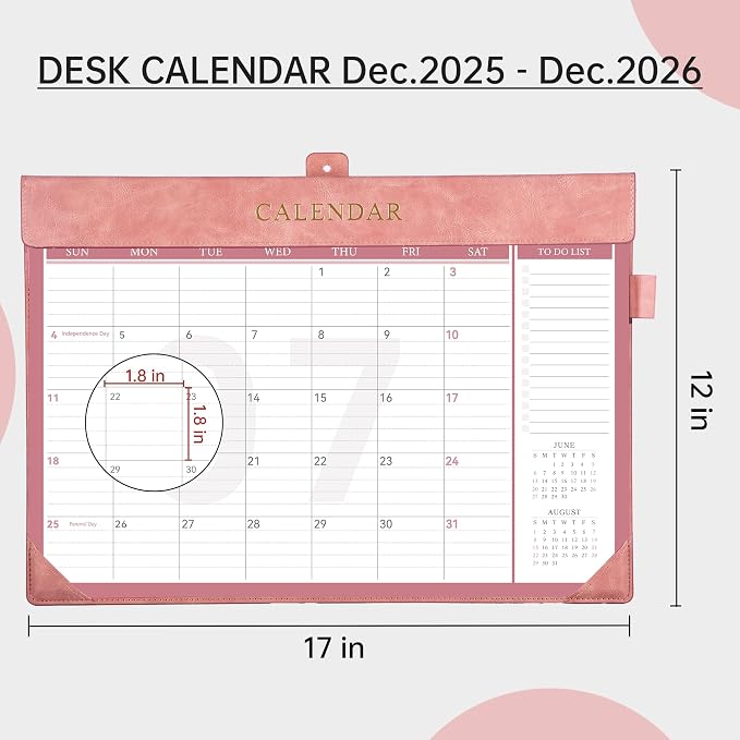 Yoment Desk Calendar 2026 Leather Desk Calendar with To-Do Lists, 13 Months Desk Pad Wall Calendar with Pen Holders PVC Cover for Work Office School Home Women Men, Jan 2026-Dec 2026, 17 x 12, Pink
