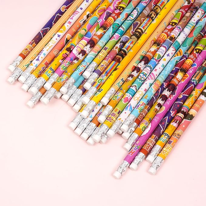 Rbenxia 48PCS Wooden Pencils with Erasers Assortment Colorful Novelty Pencils Awards Incentives Supplies Giveaways Party Favor (Birthday)