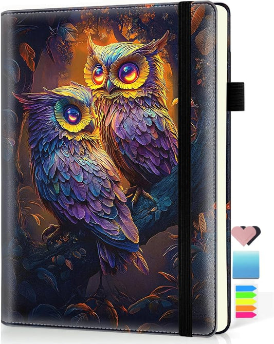 Hardcover Executive Notebooks, A5 PU Leather Lined Journal Notebook, 200 Pages Thick Paper Subject Notebooks for School,Work,Home Writing Business Notebook, Diary Book, Owl
