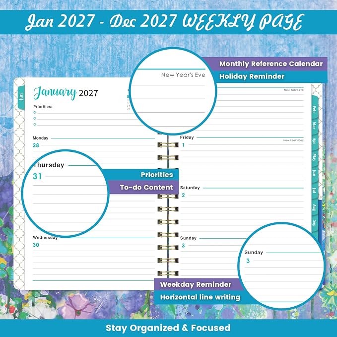 2027 Planner - 6.4" x 8.5", 2027 Planner Weekly and Monthly from Jan. - Dec.2027, 27 Calendar with Monthly Tabs, Sturdy Cover, Premium Paper, Strong Twin-wire, Back Pocket