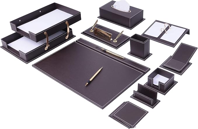 Leather Desk Organizer - 14 PCS Bonded Leather Desk Set - Home & Office Accessories - Brown