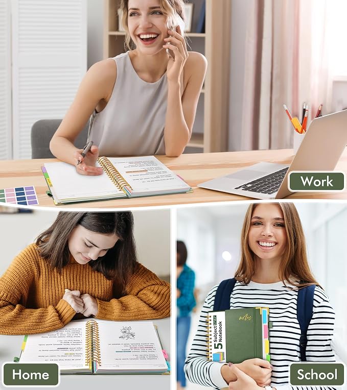 5 Subject Spiral Notebook Journal with Removable Dividers Tabs, 300 Pages Organizer Notebooks for Work School, A5 Hardcover Leather Notebook College Ruled, Lined Journal for Women Men，Sage