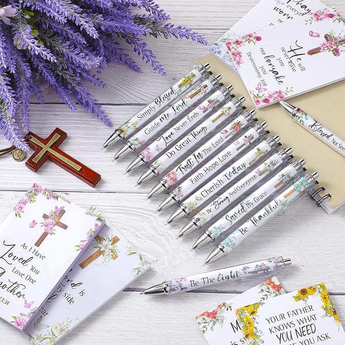 Colarr 12 Sets Christian Bulk Gifts for Women Bible Verse Pens Notebooks Religious VBS Scripture Ballpoint Pens Bookmarks Journal for Easter Sunday School Church Inspirational Supply(Cross)