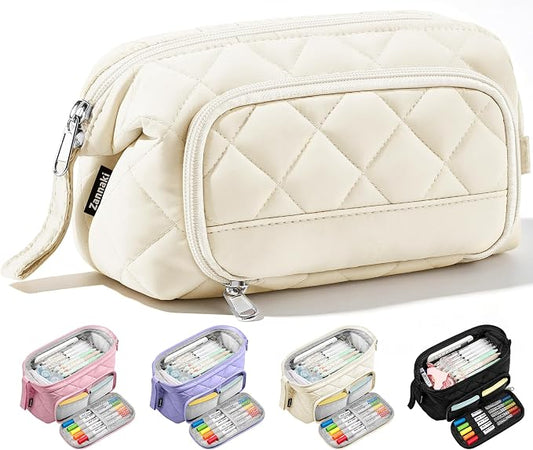 Zannaki Soft Quilted Large Pencil Pouch Organizer with Wide Opening for Boys Girls Teens - Extra Big Capacity Pen Pencil Bag with Zipper, Portable Pencil Case Box for School, College, Cosmetic Gift