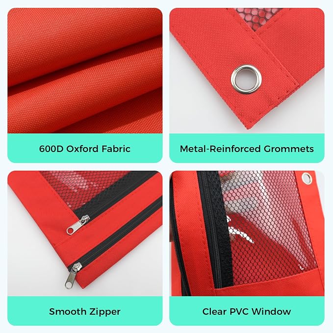 Pencil Pouch for 3 Ring Binder, Pencil Case with Zipper, 600D Fabric Pencil Pouch Bag Holder Accessories, Clear Window Pencil Case Aesthetic Back to School Organizer Pockets for Boy Girl (Red)