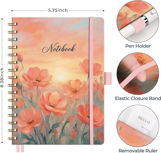 AHGXG Spiral Journal Notebook, 160 Lined Pages, A5 Size (5.7'' x 8.3'') | for Women, Journaling, Writing, Work & Office, Hardcover, 100 GSM Thick Paper (Peach Poppy Sunset)