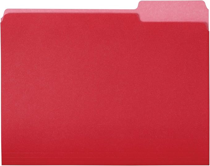 Amazon Basics File Folders for Organization, Letter Size, 1/3 Cut Tab, Red, 36-Pack