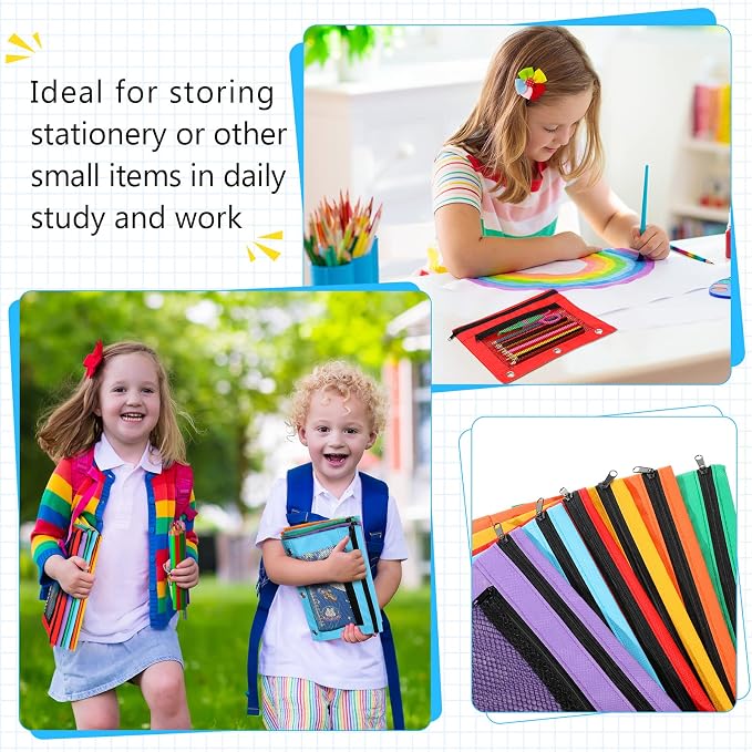 Zhehao 300-Count Mesh Pencil Pouch for 3 Ring Binder with Zipper and Double Pocket, Bright Color, School Supplies