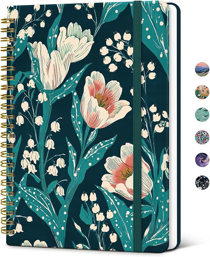 Taja Spiral Lined Journal for Women, Notebook for Work with Pretty Cover, 140 College Ruled Pages, Hardcover Notebook for Journaling, Note Taking, Bible Study, Tulip Meadow