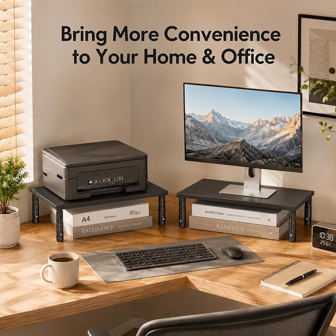 OPNICE Desk Organizers and Accessories, Adjustable Computer Monitor Stand Riser, Laptop Stand for Desk, Office Desk Accessories & Workspace Organizers for Home Office, Black-2P