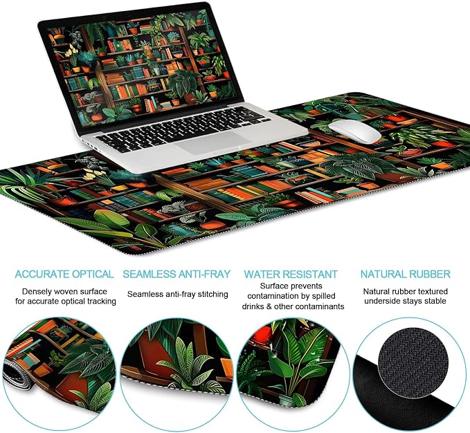 LIMKRIAN Bookshelf Mouse Pad with Wrist Rest, Plant Desk Mat Set Decor | Ergonomic Wrist Rest, Desk Pad, Gaming Computer Mat Keyboard Wrist Support, Coaster, Home Office Desk Accessories for Women
